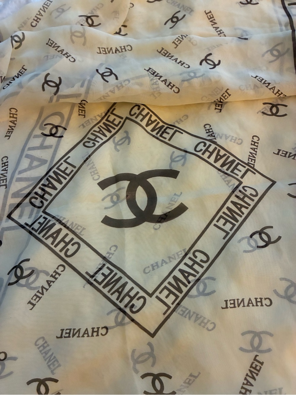CHANEL Cream and Brown Logo Oblong Silk Scarf